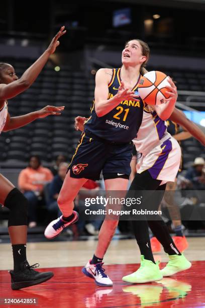 Emily Engstler of the Indiana Fever handles the ball during the game against the Los Angeles Sparks at Gainbridge Fieldhouse on May 8, 2022 in...