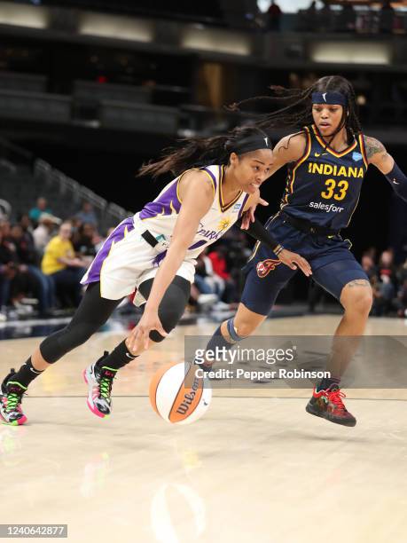 Jordin Canada of the Los Angeles Sparks drives to the basket during the game against the Indiana Fever at Gainbridge Fieldhouse on May 8, 2022 in...