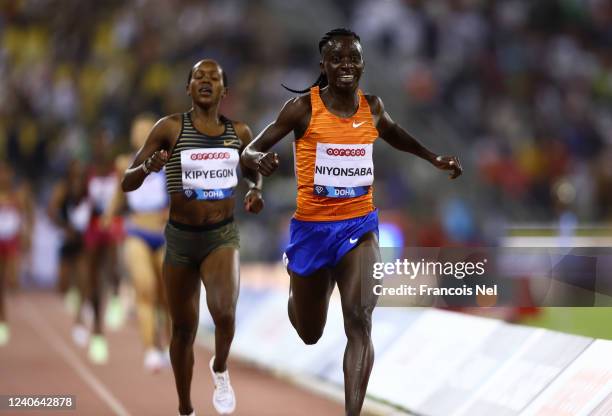 Francine Niyonsaba of Burundi , races for the finish line as she competes in the Womens 3000m during the Wanda Diamond League Athletics Doha 2022...