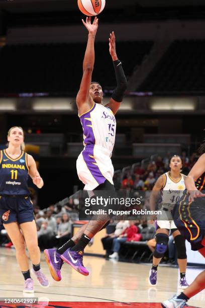 Brittney Sykes of the Los Angeles Sparks shoots the ball during the game against the Indiana Fever at Gainbridge Fieldhouse on May 8, 2022 in...