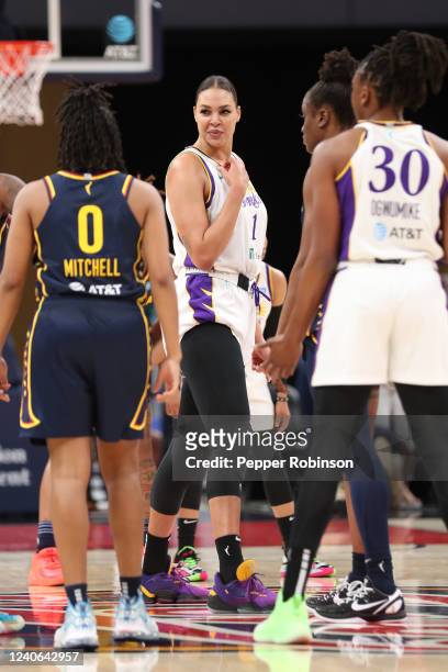 Liz Cambage of the Los Angeles Sparks looks on during the game against the Indiana Fever at Gainbridge Fieldhouse on May 8, 2022 in Indianapolis,...