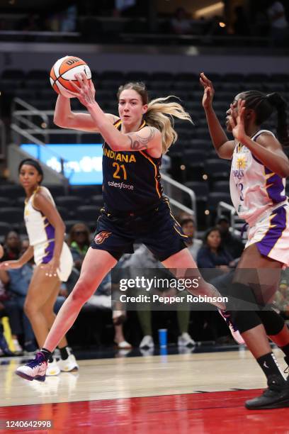 Emily Engstler of the Indiana Fever grabs the rebound during the game against the Los Angeles Sparks at Gainbridge Fieldhouse on May 8, 2022 in...