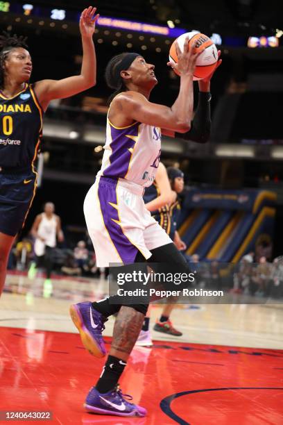 Brittney Sykes of the Los Angeles Sparks drives to the basket during the game against the Indiana Fever at Gainbridge Fieldhouse on May 8, 2022 in...