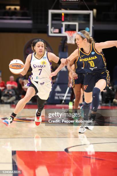 Chennedy Carter of the Los Angeles Sparks drives to the basket during the game against the Indiana Fever at Gainbridge Fieldhouse on May 8, 2022 in...