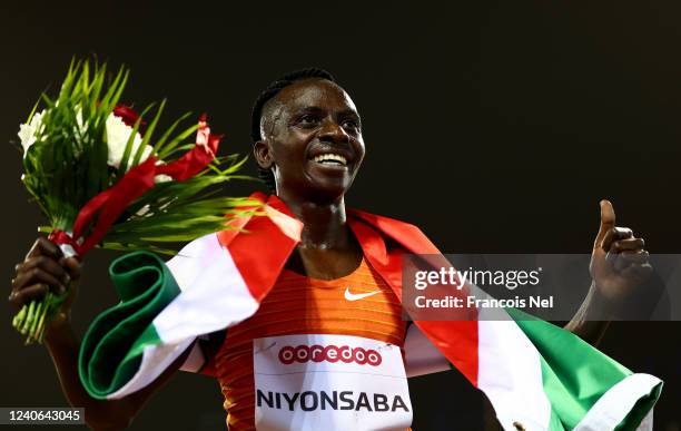 Francine Niyonsaba of Burundi reacts after winning the Womens 3000m during the Wanda Diamond League Athletics Doha 2022 meeting at Qatar Sports Club...