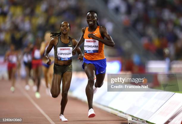 Francine Niyonsaba of Burundi , races for the finish line as she competes in the Womens 3000m during the Wanda Diamond League Athletics Doha 2022...