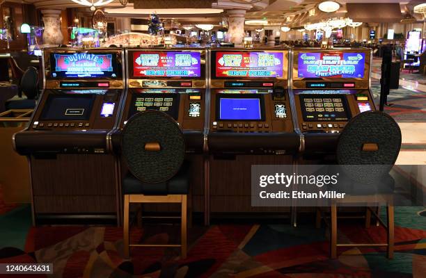 Socially-distanced video poker machines are shown with every other game out of service at Bellagio Resort & Casino on June 1, 2020 in Las Vegas,...