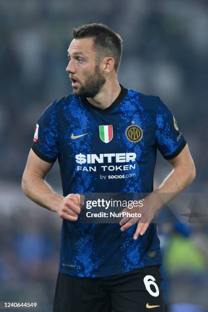 Stefan de Vrij of FC Internazionale looks on during the Coppa Italian Final match between Juventus FC and FC Internazionale on May 11, 2022 in Rome,...