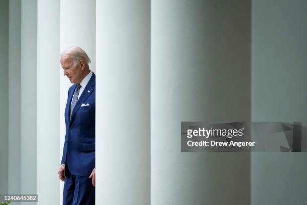 President Joe Biden arrives to speak in the Rose Garden of the White House on May 13, 2022 in Washington, DC. The event was held to highlight state...