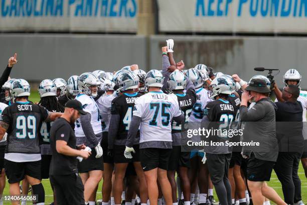 The Carolina Panthers rookies break it down on day one of the Rookie Mini Camp on May 13, 2022 at the Carolina Panthers Practice Facility in...