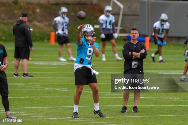 Carolina Panthers Quarterback Matt Corral throws the ball during day one of the Rookie Mini Camp on May 13, 2022 at the Carolina Panthers Practice...