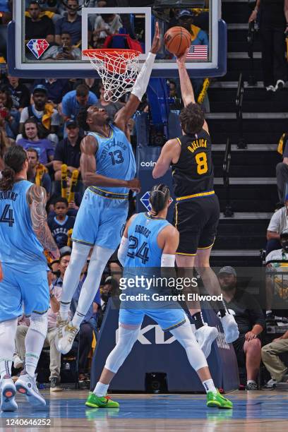 Jaren Jackson Jr. #13 of the Memphis Grizzlies blocks the shot of Nemanja Bjelica of the Golden State Warriors during Game 5 of the 2022 NBA Playoffs...
