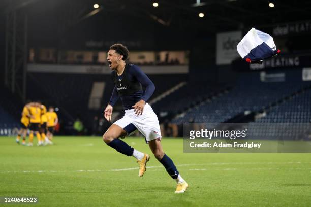 Ethan Ingram of West Bromwich Albion celebrates after scoring a penalty to make it 5-4 after penalty shoot out during the West Bromwich Albion U23 v...