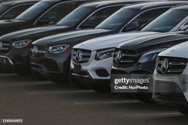 Mercedes-Benz vehicles outside a Mercedes-Benz dealership in South Edmonton. On Thursday, May 12 in Edmonton, Alberta, Canada.