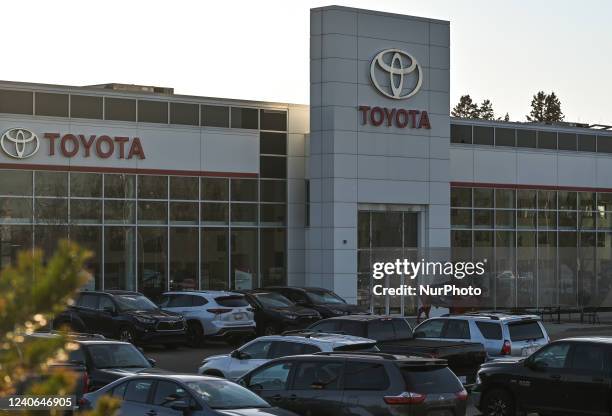 Toyota logo seen outside a Toyota dealership in South Edmonton. On Thursday, May 12 in Edmonton, Alberta, Canada.