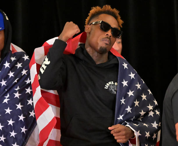 Jermell Charlo arrives at the official weigh at the Westin LAX for his super welterweight championship fight against Brian Castano II being held at...