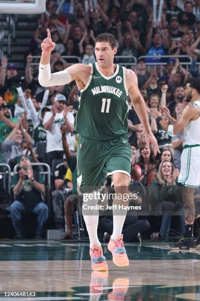Brook Lopez of the Milwaukee Bucks celebrates during Game 6 of the 2022 NBA Playoffs Eastern Conference Semifinals against the Boston Celtics on May...