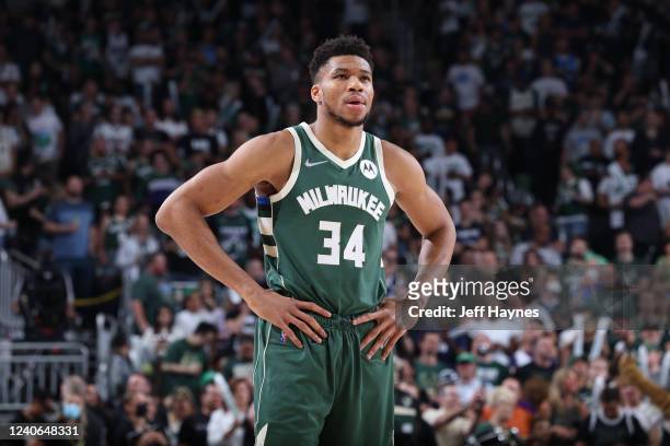 Giannis Antetokounmpo of the Milwaukee Bucks looks on during Game 6 of the 2022 NBA Playoffs Eastern Conference Semifinals against the Boston Celtics...
