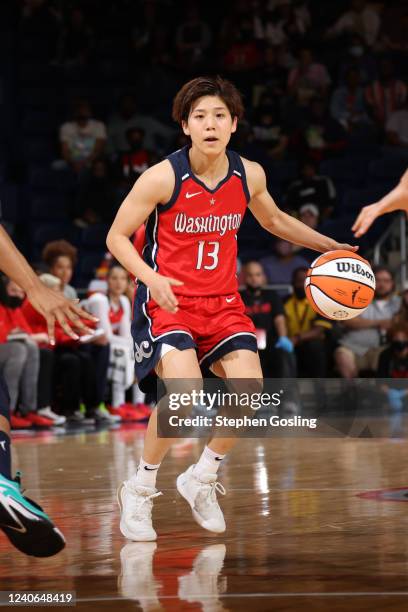 Rui Machada of the Washington Mystics dribbles the ball during the game against the Dallas Wings on May 13, 2022 at Entertainment and Sports Arena in...