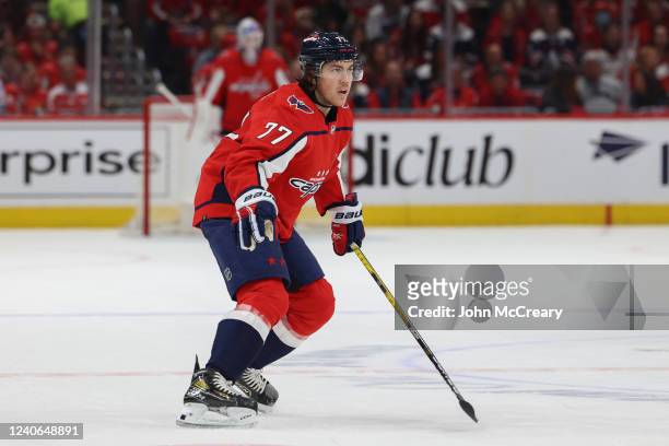 Oshie of the Washington Capitals watches the puck carrier during a game against the Florida Panthers in Game Six of the First Round of the 2022...