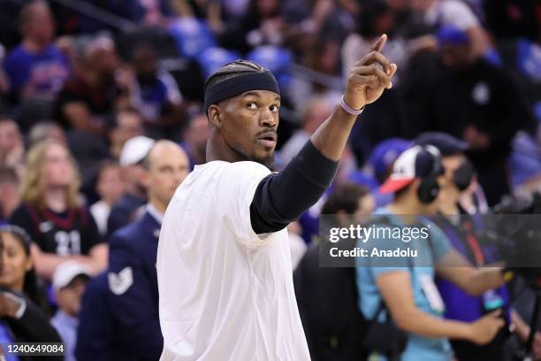 Miami Heat player Jimmy Butler warms up ahead of the NBA match between Philadelphia 76ers and Miami Heat at the Wells Fargo Center in Philadelphia,...