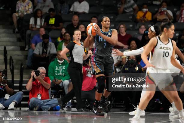 Kia Vaughn of the Atlanta Dream looks to pass the ball during the game against the Las Vegas Aces on May 13, 2022 at the Gateway Center Arena in...