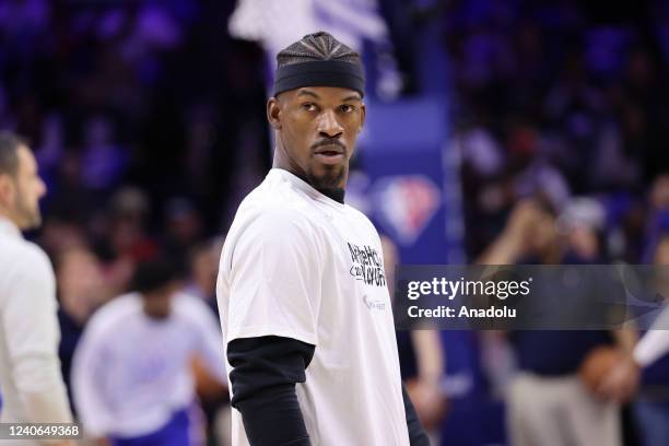 Miami Heat player Jimmy Butler warms up ahead of the NBA match between Philadelphia 76ers and Miami Heat at the Wells Fargo Center in Philadelphia,...