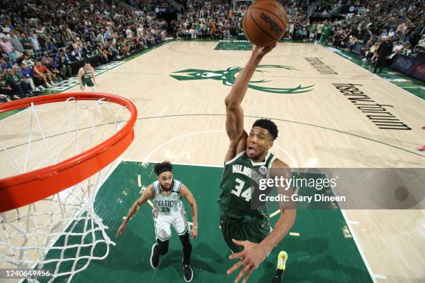 Giannis Antetokounmpo of the Milwaukee Bucks dunks the ball during the game against the Boston Celtics during Game 6 of the 2022 NBA Playoffs Eastern...