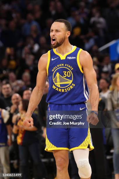 San Francisco, CA Stephen Curry of the Golden State Warriors celebrates after Game 6 of the 2022 NBA Playoffs Western Conference Semifinals on May...