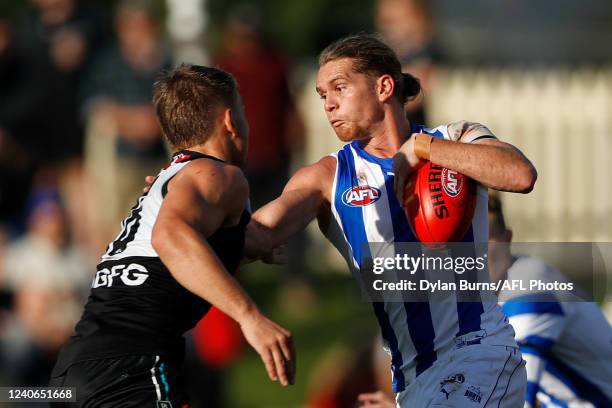 Jed Anderson of the Kangaroos in action during the 2022 AFL Round 09 match between the North Melbourne Kangaroos and the Port Adelaide Power at...