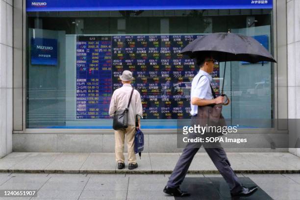 Man holding an umbrella walks in front of an electric board showing Nikkei index a brokerage in Tokyo.