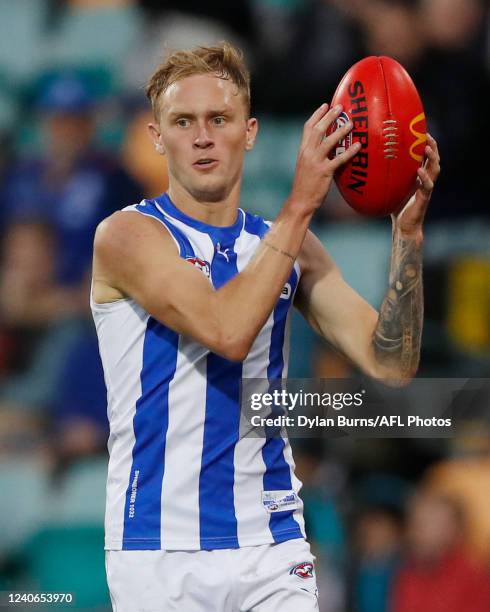 Jaidyn Stephenson of the Kangaroos in action during the 2022 AFL Round 09 match between the North Melbourne Kangaroos and the Port Adelaide Power at...