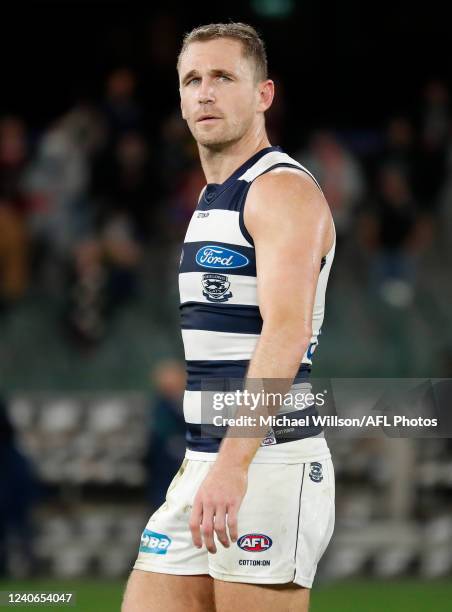 Joel Selwood of the Cats looks dejected after a loss during the 2022 AFL Round 09 match between the St Kilda Saints and the Geelong Cats at Marvel...