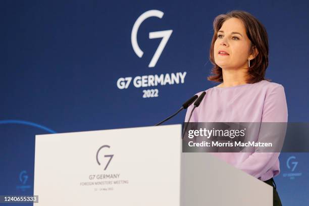 German Foreign Minister Annalena Baerbock speaks at a press conference after the meeting of foreign ministers of the G7 member states at the...