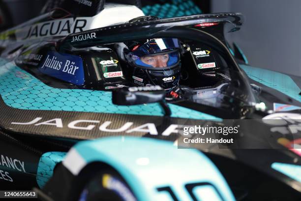 In this handout from Jaguar Racing, Sam Bird , Jaguar TCS Racing during qualifying ahead of the ABB FIA Formula E Championship - 2022 Shell Recharge...