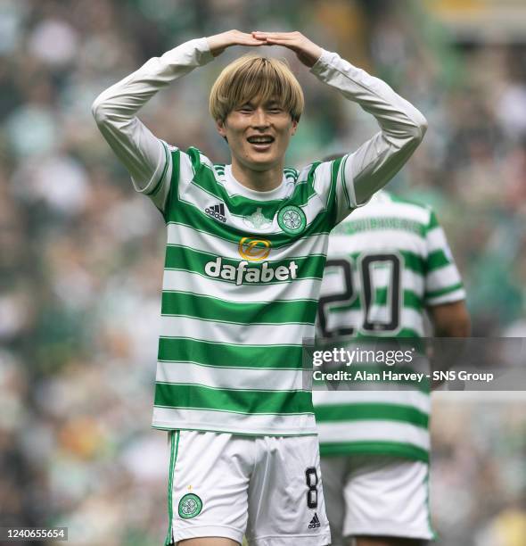 Kyogo Furuhashi celebrates making it 3-0 Celtic during a cinch Premiership match between Celtic and Motherwell at Celtic Park, on May 14 in Glasgow,...