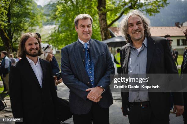 Bavarian prime minister Markus Soeder , Oberammergau Passion play theatre director, Christian Stueckl , and the mayor of Oberammergau Andreas Roedl...