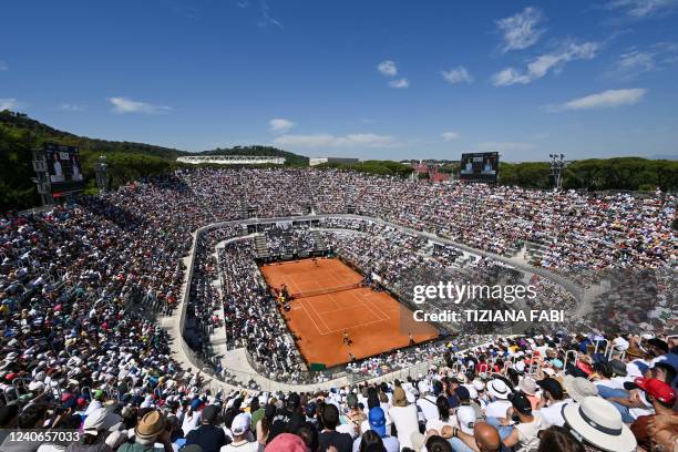 General view shows the central court as Greece's Stefanos Tsitsipas returns to Germany's Alexander Zverev during their semifinal match at the ATP...