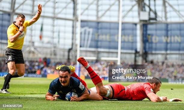 Dublin , Ireland - 14 May 2022; James Lowe of Leinster celebrates after scoring his side's first try during the Heineken Champions Cup Semi-Final...