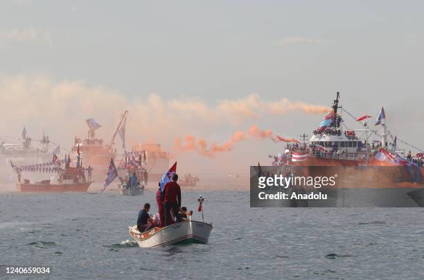 Trabzonspor fans take vessels from Mehmet Ali Yilmaz facilities to Medical Park Stadium to celebrate the 2021-22 Turkish Super Lig title on the sea...