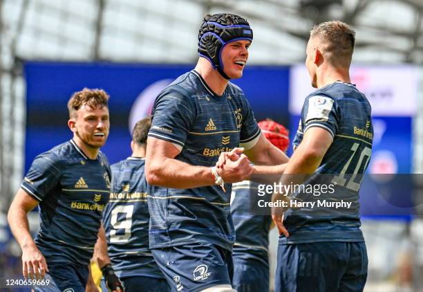 Dublin , Ireland - 14 May 2022; James Ryan and Jonathan Sexton of Leinster celebrate their side's second try during the Heineken Champions Cup...