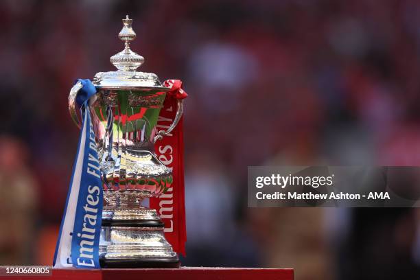 The official Emirates FA Cup Trophy during The FA Cup Final match between Chelsea and Liverpool at Wembley Stadium on May 14, 2022 in London, England.