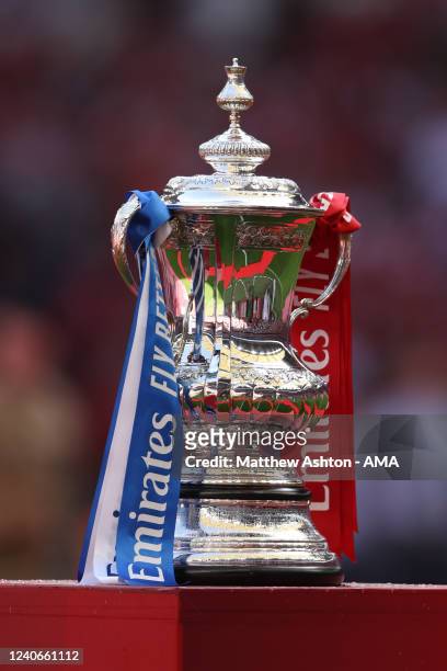 The official Emirates FA Cup Trophy during The FA Cup Final match between Chelsea and Liverpool at Wembley Stadium on May 14, 2022 in London, England.