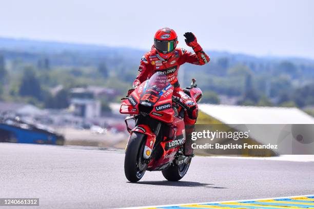 Francesco BAGNAIA of Ducati Lenovo Team celebrates his pole position during the MotoGP Qualifying Day of Grand Prix of France on May 14, 2022 in Le...