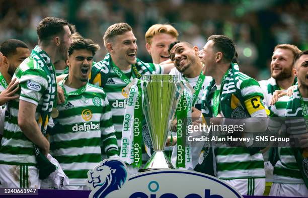 Jota, Carl Starfelt, Giorgos Giakoumakis and Callum McGregor during a cinch Premiership match between Celtic and Motherwell at Celtic Park, on May 14...
