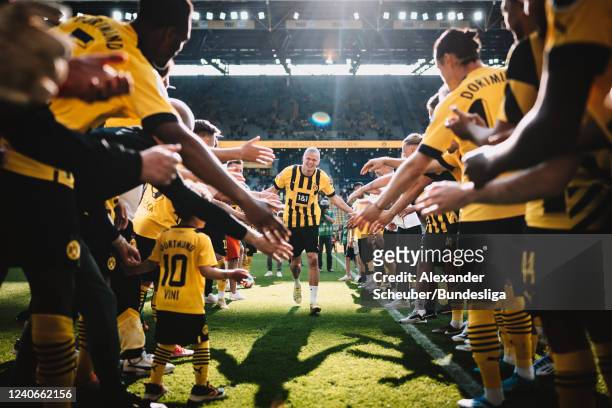 Erling Haaland of Borussia Dortmund gets celebrated after the Bundesliga match between Borussia Dortmund and Hertha BSC at Signal Iduna Park on May...