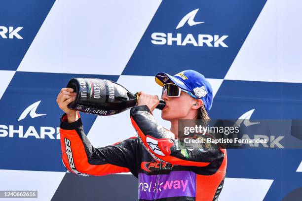 Mattia CASADEI of Pons Racing 40 celebrates his victory on the podium after the MotoE first Race of Grand Prix of France on May 14, 2022 in Le Mans,...