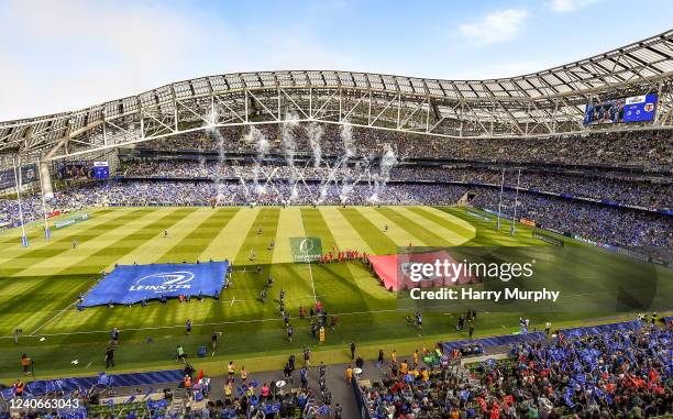 Dublin , Ireland - 14 May 2022; Leinster players run out before the Heineken Champions Cup Semi-Final match between Leinster and Toulouse at the...