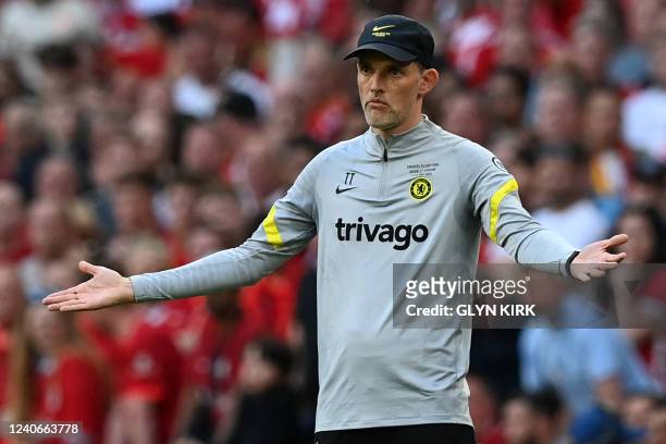 Chelsea's German head coach Thomas Tuchel reacts during the English FA Cup final football match between Chelsea and Liverpool, at Wembley stadium, in...