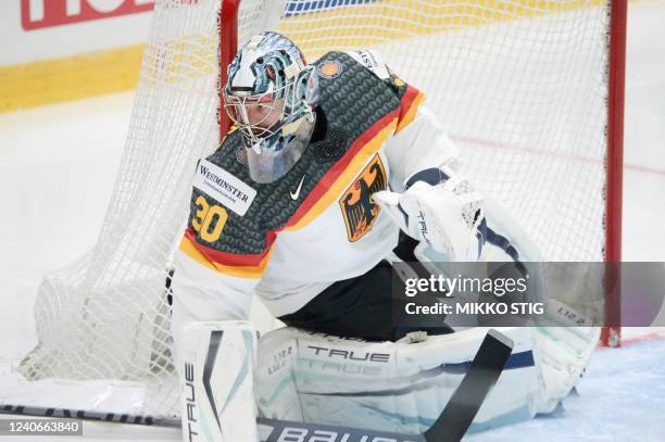 Germany's goalkeeper Philipp Grubauer reacts during the IIHF Ice Hockey World Championships group A match between Slovakia and Germany at the...